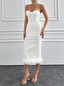 EURMUSE Ladies' Solid Color Splicing Bandeau Dress - White - View 6
