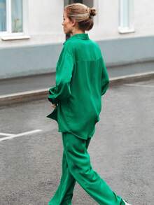 Solid Drop Shoulder Shirt & Wide Leg Pants - Green - View 2