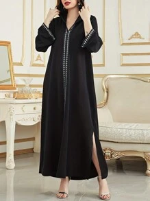 Glitter Embroidered Woven Tape Splicing Side Slit Hooded Dress - Black - View 1