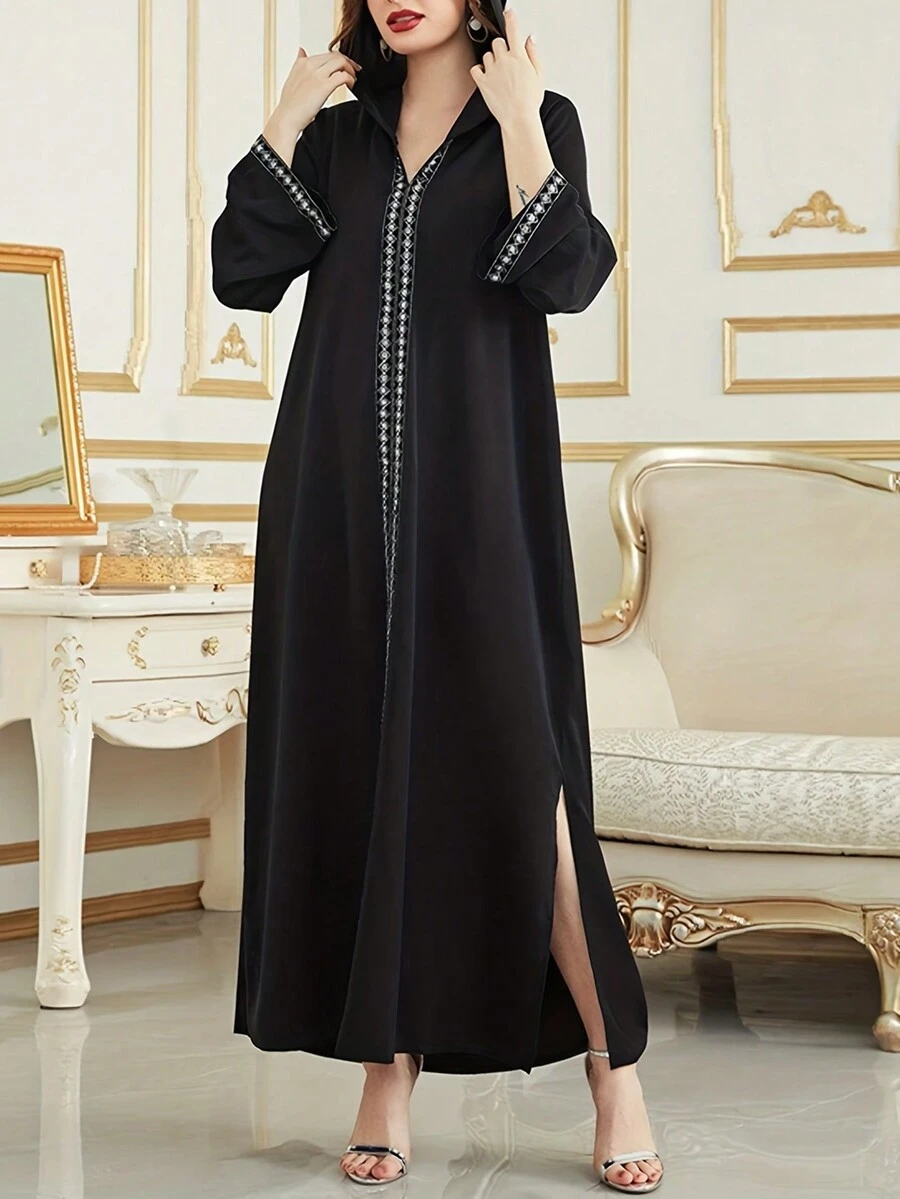 Glitter Embroidered Woven Tape Splicing Side Slit Hooded Dress - Black - View 1