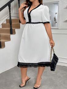 SHEIN Clasi Plus Size Contrast Lace Splicing Tassel Hem Dress - White - View 3