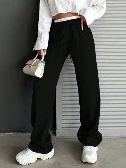 EURMUSE Plus Size Solid Color Block Drawstring Waist Casual Straight-Leg Pants Wide Leg Sweatpants Loose Pants