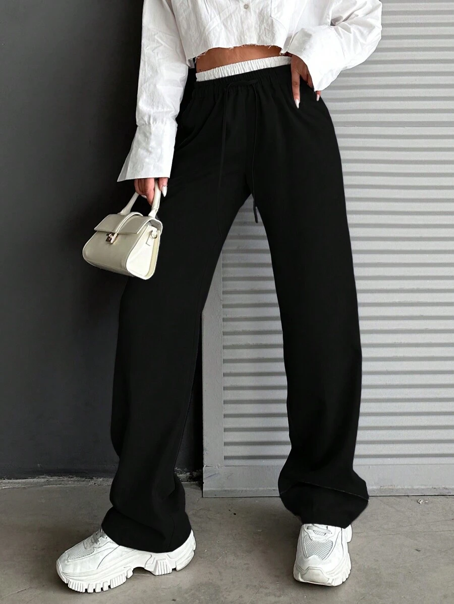 CasuGlow Color Block Drawstring Waist Casual Straight-Leg Pants - Black - View 1
