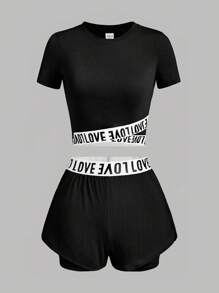 SHEIN 青少女圓領短袖t恤+短褲運動風格兩件套 - 黑色 - 查看 1