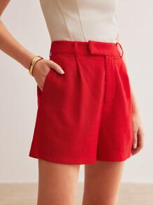MOTF PREMIUM LINEN WOVEN WOMEN'S PLAIN COLOR SHORTS WITH SLANTED POCKETS - Red - View 9