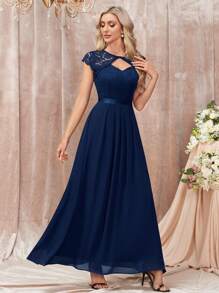 花卉蕾丝甜心领雪纺下摆正式派对礼服优雅舞会晚会婚礼宾客礼服，适合毕业典礼、晚宴