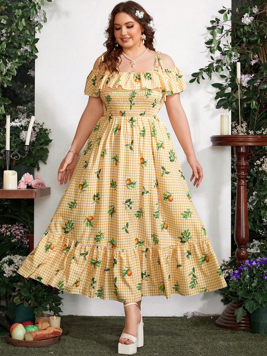 Sunnyshic Kích thước lớn Của phụ nữ Vai Ruffle In kẻ sọc Dài Đầm - Nhiều màu - Xem 1