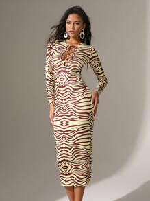 Zolique Zebra Pattern Printed Crossed Straps Hollow Out Slim Long Dress Fall Cloth For Women - Multicolor - View 7