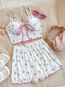 Soleia 女士花卉印花蝴蝶結細節背心套裝 - 白色 - 查看 1