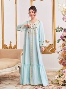 SHEIN Leap Crew Teen Girls' Printed Color-Blocked Gold-Tone Belted V-Neck Dress - Green - View 4