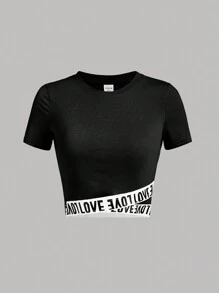 SHEIN 青少女圓領短袖t恤+短褲運動風格兩件套 - 黑色 - 查看 4