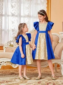 SHEIN Vestido com Manga Curta e Cintura Franzida em Tecido Jacquard com Caimento Colorido para Meninas Pré-Adolescentes