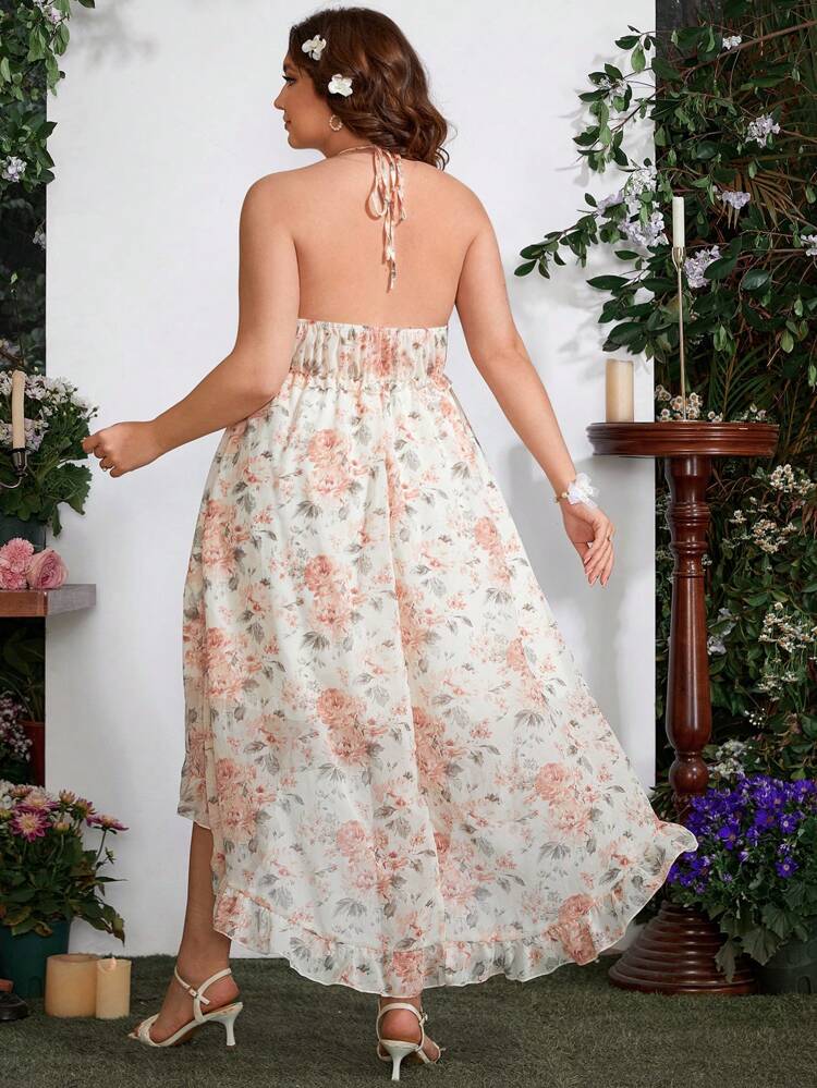 Plus Size Women's Floral Print High-Low Hem Halter Neck Belted Dress