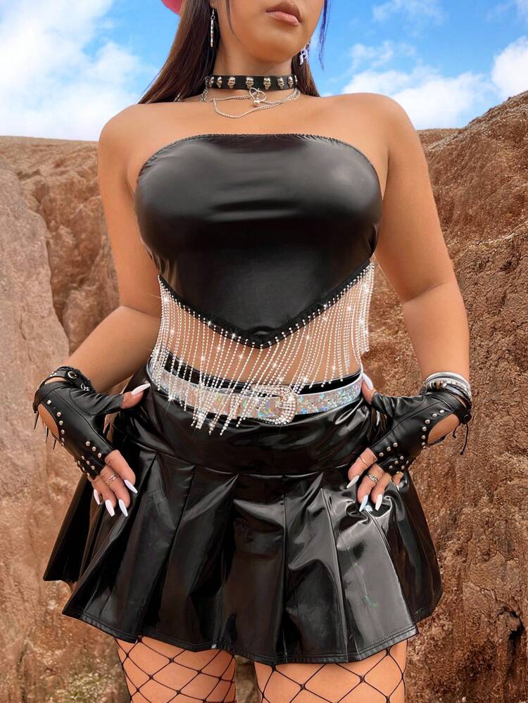 Plus Size Rhinestone Fringe Strapless Top