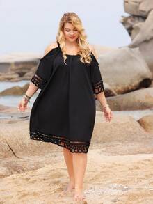 EMERY ROSE 大尺碼女性露肩中空純色裙 - 黑色 - 查看 5