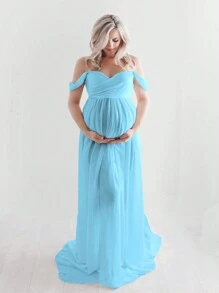 JustVH Maternity Off Shoulder Surplice Floor-Length Dress For Maternity Photoshoot - Baby Blue - View 4