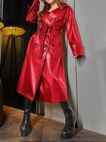 SHEIN Unity Women Pu Trench Coat Double-breasted Belted Outerwear - Red - View 1