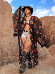 Flirla Plus Size Moon And Star Print Fleece Festival Jacket With Fringe Hem Fall Winter Cloth For Women Autumn - Black - View 4