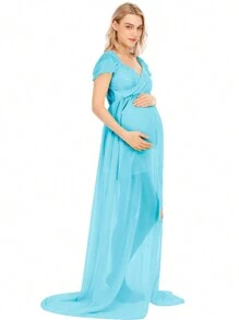 JustVH Maternity Off Shoulder Surplice Floor-Length Dress For Maternity Photoshoot - Baby Blue - View 3
