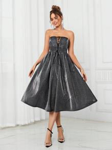 SHEIN Belle Elegant And Atmospheric Black Fine Shiny Glossy Woven Tube Top With Deep V-Neck Adjustable Straps Hollow High Waist A-Line Birthday Party Date Vacation Wedding Event Cocktail Dress, Semi Formal Dress - Black - View 2