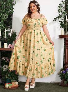 Sunnyshic Kích thước lớn Của phụ nữ Vai Ruffle In kẻ sọc Dài Đầm - Nhiều màu - Xem 3