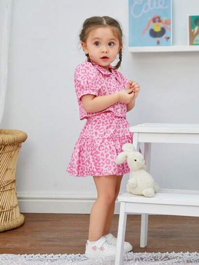 SHEIN Baby Girl Pink Leopard Print Shirt With Skirt Set For Spring/Summer