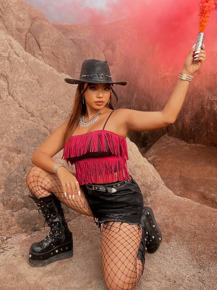 Plus Size Tassel & Rhinestone Decorated Spaghetti Strap Top