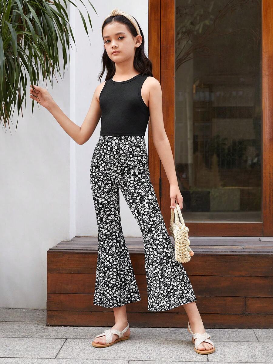 SHEIN Cô gái Tween Dệt kim Áo vest Và Hoa Quần loe Ngày lễ - màu đen - Xem 1