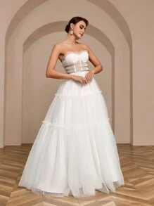SHEIN Belle Pleated A-Line Dress With Gold Ribbon Decoration, Net Strapless Wedding Dress - White - View 1