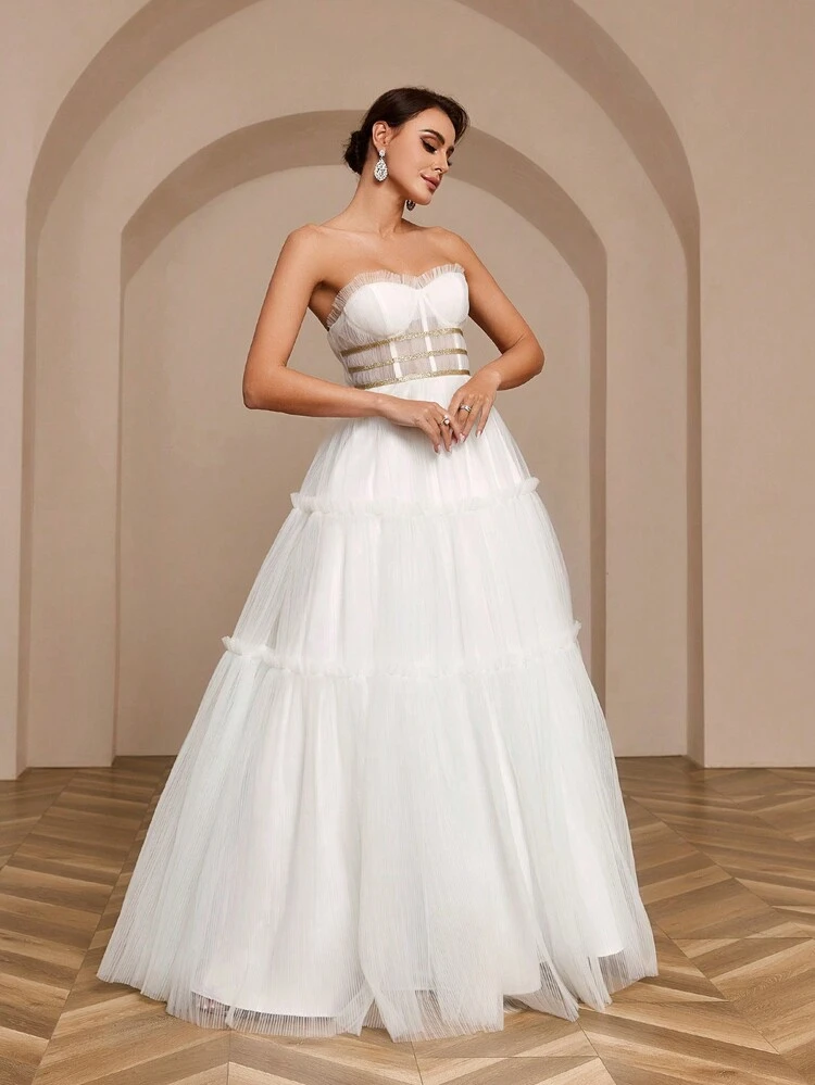Pleated A-Line Dress With Gold Ribbon Decoration, Net Strapless Wedding Dress