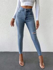 High Waist Ripped Skinny Jeans - Light Wash - View 4