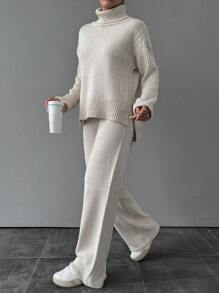 EURMUSE Turtleneck Drop Shoulder Sweater & Knit Pants - Beige - View 6