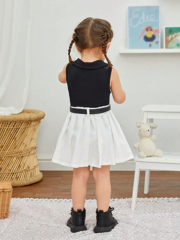 Baby Girl Sleeveless Top & Pleated Skirt Set With Belt For Spring/Summer