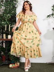 Sunnyshic Kích thước lớn Của phụ nữ Vai Ruffle In kẻ sọc Dài Đầm - Nhiều màu - Xem 5
