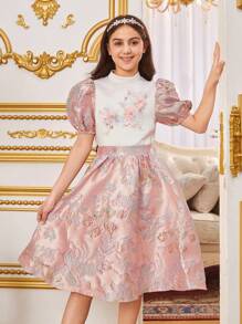SHEIN Traje De Dos Piezas Para Niña Con Camisa Manga Abombada De Cuello Levantado Y Falda Casual De Jacquard Unida Por Medio De Empalme - Rosa - Ver 3