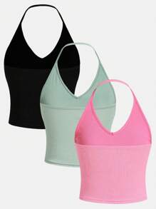 Tween Girl Sports Street Fashion Knitted Solid Color Halter Top Three-Piece Pack - Mint Green - View 2