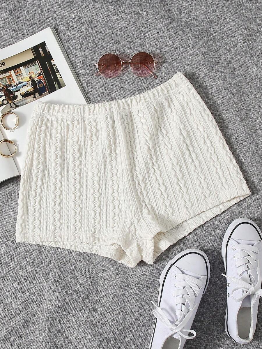 SHEIN EZwear 夏季服裝彈性腰實色紋理短褲 - 米色 - 查看 1