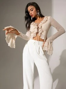 Chiquease Solid Color Crossed Tie Hem Ruffle Trim Bell Sleeve Blouse - Khaki - View 1