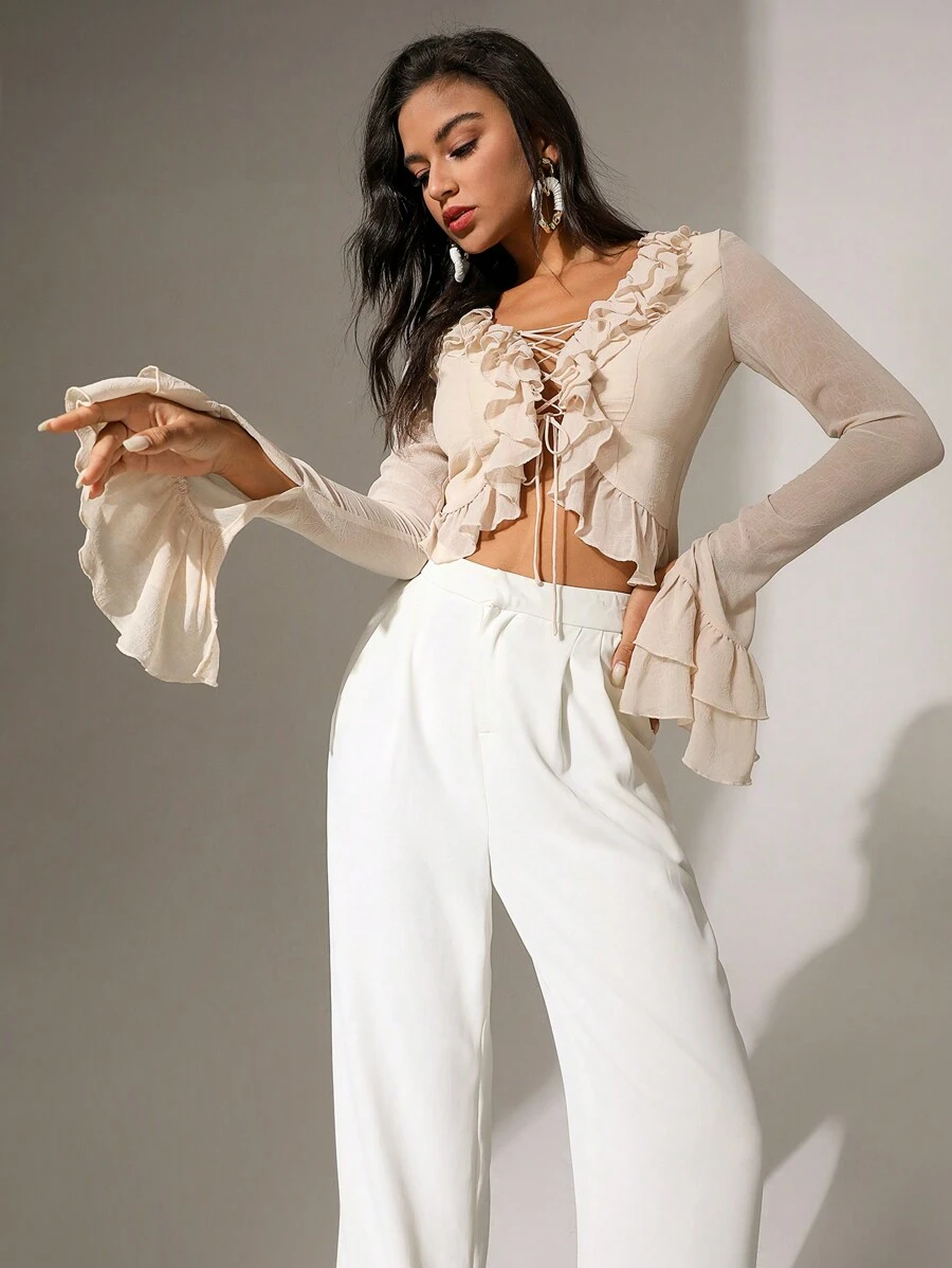 Chiquease Solid Color Crossed Tie Hem Ruffle Trim Bell Sleeve Blouse - Khaki - View 1
