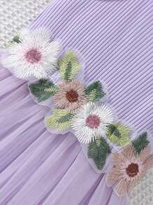 SHEIN Baby Girl Embroidery Contrast Mesh Cami Bodysuit - Purple - View 5