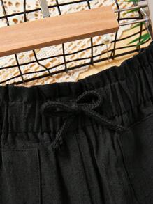 SHEIN 夏季素面休閒綁帶蝴蝶結口袋短褲，適合青少女，彈性腰帶設計 - 黑色 - 查看 3