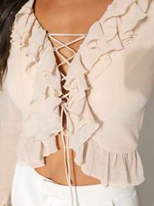 Chiquease Solid Color Crossed Tie Hem Ruffle Trim Bell Sleeve Blouse - Khaki - View 7