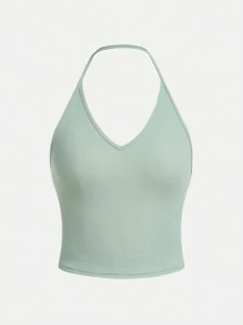 Tween Girl Sports Street Fashion Knitted Solid Color Halter Top Three-Piece Pack - Mint Green - View 4