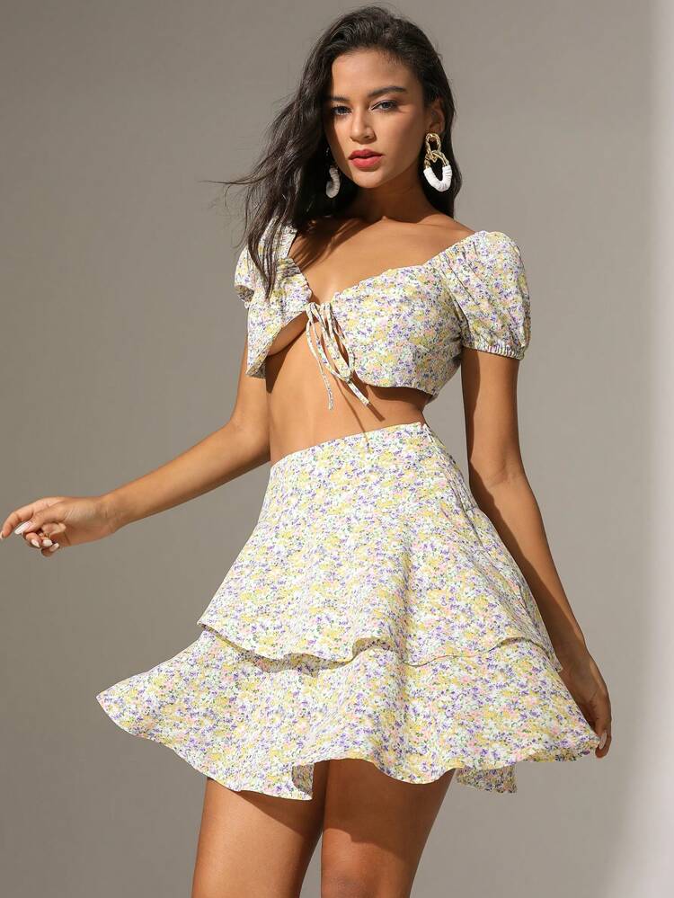 2pcs Anewsta Casual Ditsy Floral Yellow Tie Front Off Shoulder Ruffle Skirt Set, Vacation Style