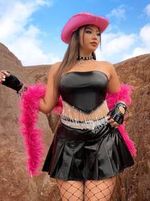 Flirla Plus Size Rhinestone Fringe Strapless Top - Black - View 5