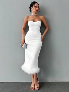 EURMUSE Ladies' Solid Color Splicing Bandeau Dress - White - View 5