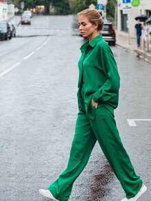 Solid Drop Shoulder Shirt & Wide Leg Pants - Green - View 4