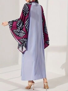 Colorblock Plant Print Splicing Elegant Batwing Sleeve Shirt Collar Dress - Purple - View 2