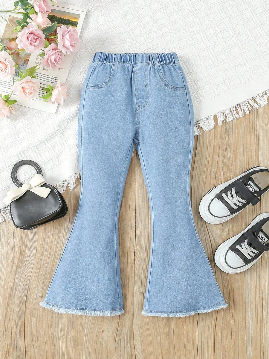 Young Girl Elastic Flare Leg Jeans, Adjustable Waist, Casual Style - Medium Wash - View 1