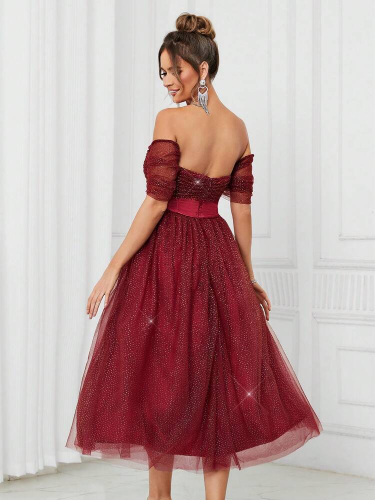Elegant And Cute Women's Fine Glitter Mesh Fabric And Satin Spliced ​​Off-Shoulder High Waist Front Chest Pleated Decoration Volume Umbrella Puffy Princess Red Prom Cocktail Party Dress